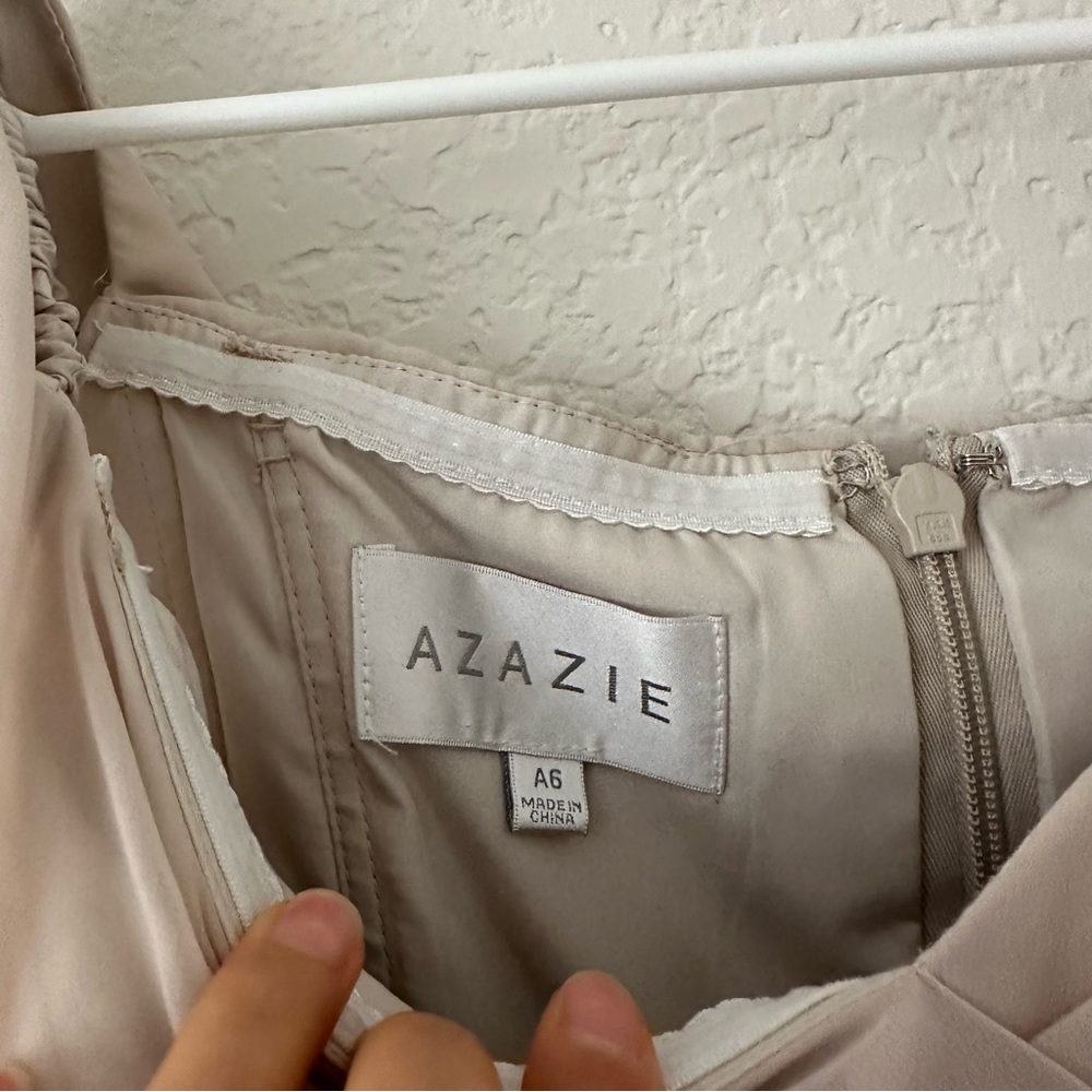 NWOT Azazie Champagne Off the Shoulder Bridesmaid Dress | Size: A6